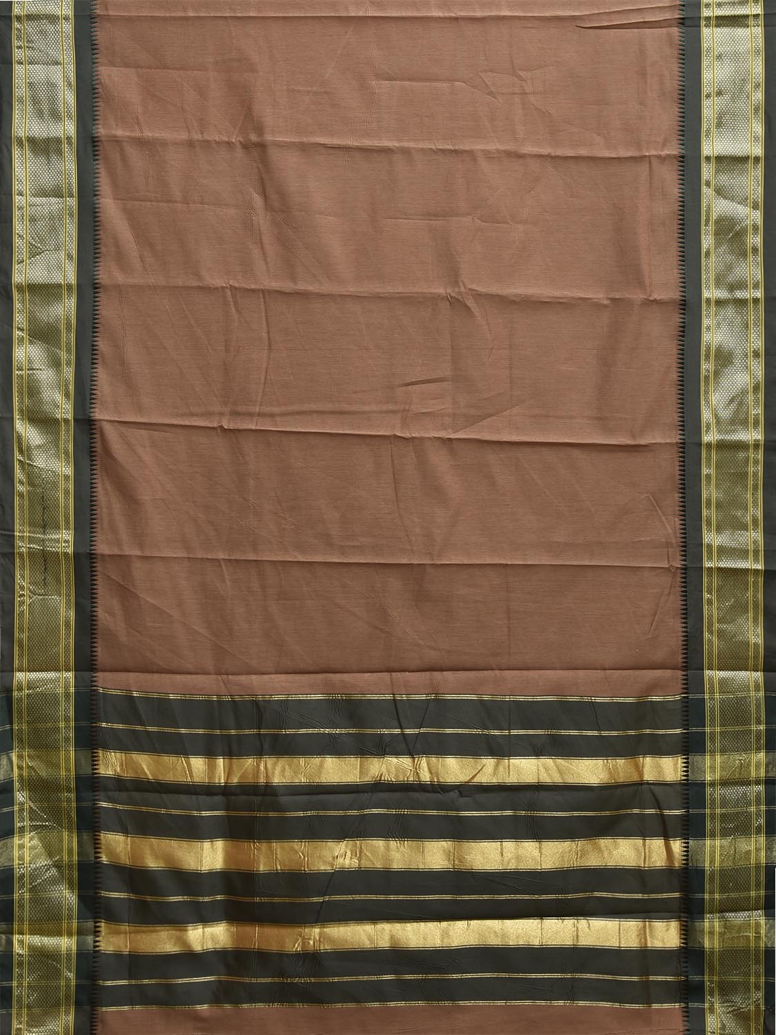 Fawn and Green Bamboo Cotton Plain Saree with Contrast Pallu Design No Blouse bc0818