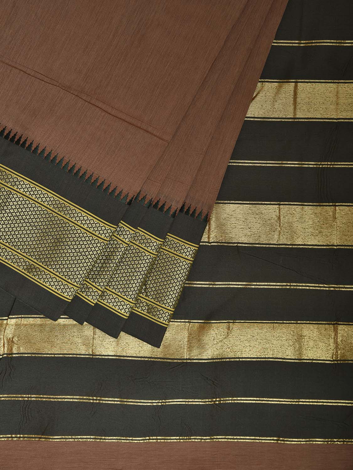 Fawn and Green Bamboo Cotton Plain Saree with Contrast Pallu Design No Blouse bc0818