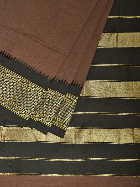 Fawn and Green Bamboo Cotton Plain Saree with Contrast Pallu Design No Blouse bc0818