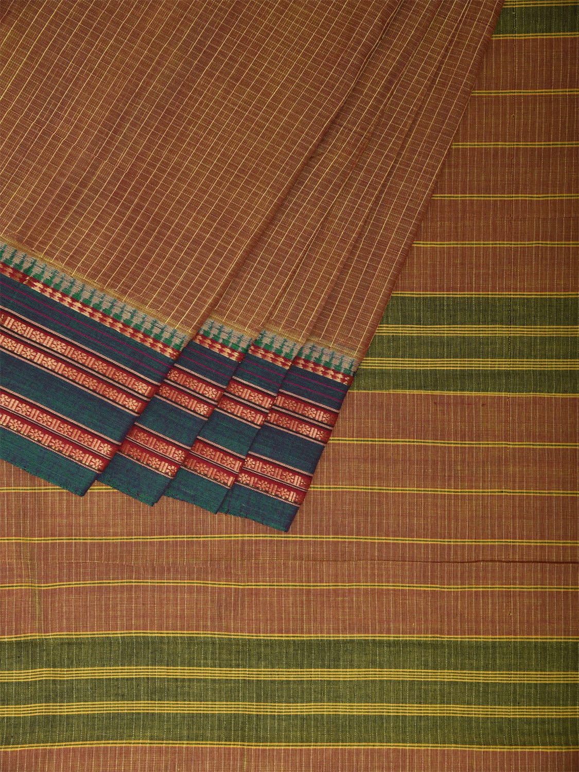 Fawn and Green Narayanpet Cotton Handloom Saree with Checks Design Kalamkari Blouse np1118
