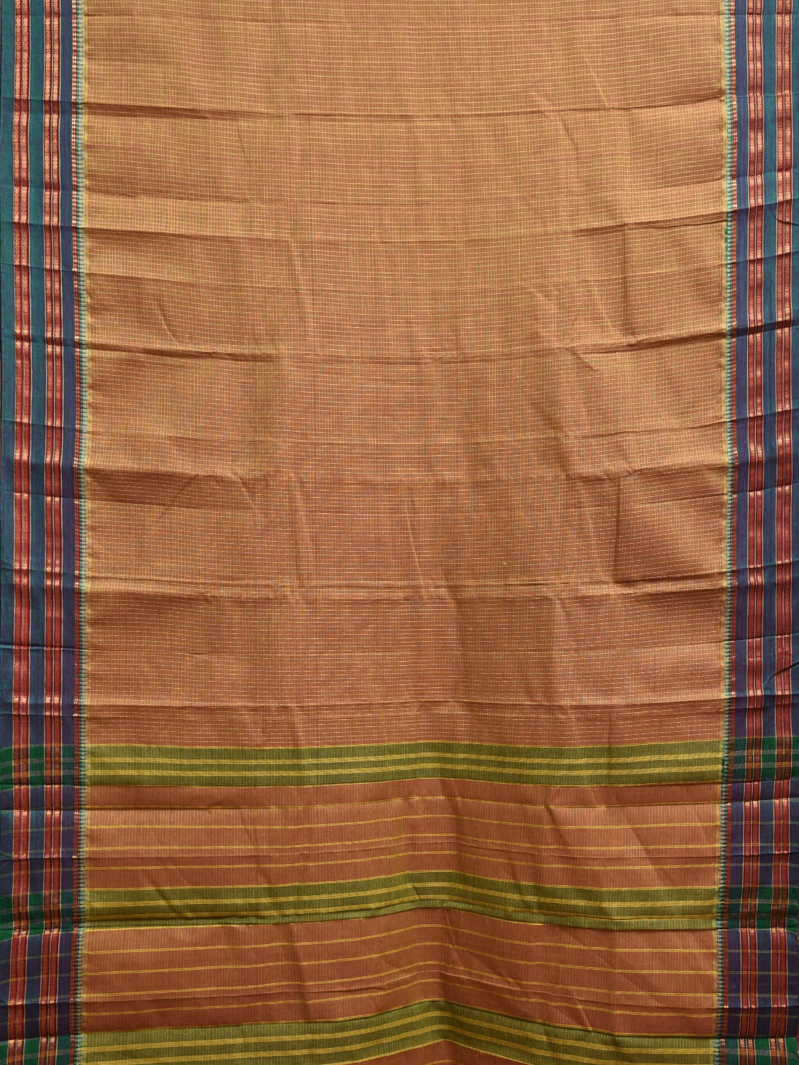 Fawn and Green Narayanpet Cotton Handloom Saree with Checks Design Kalamkari Blouse np1118