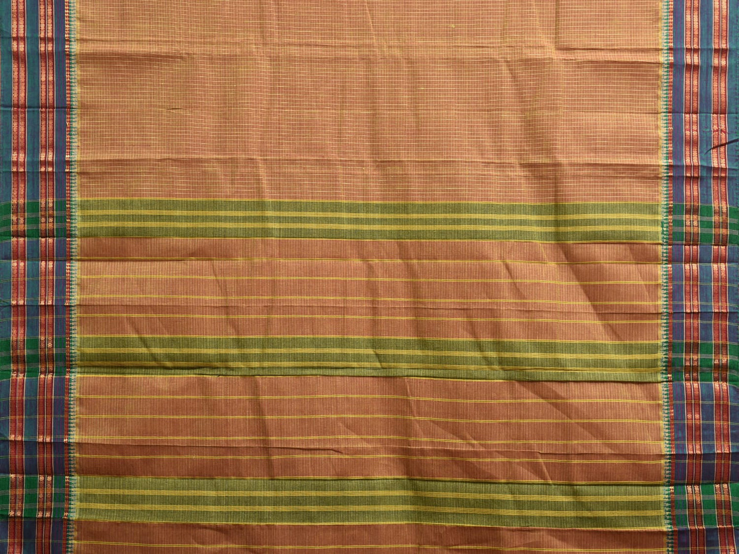 Fawn and Green Narayanpet Cotton Handloom Saree with Checks Design Kalamkari Blouse np1118