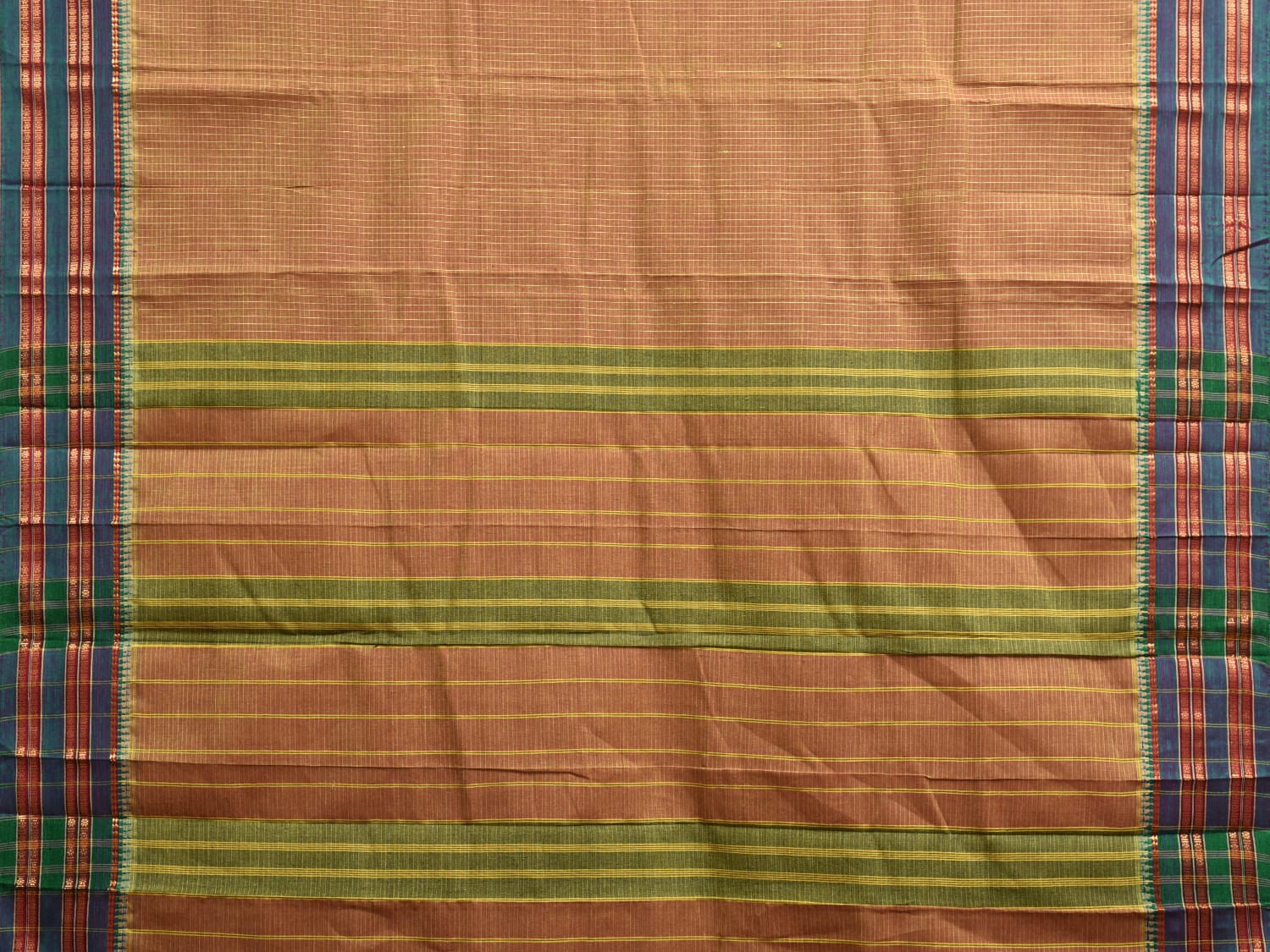 Fawn and Green Narayanpet Cotton Handloom Saree with Checks Design Kalamkari Blouse np1118