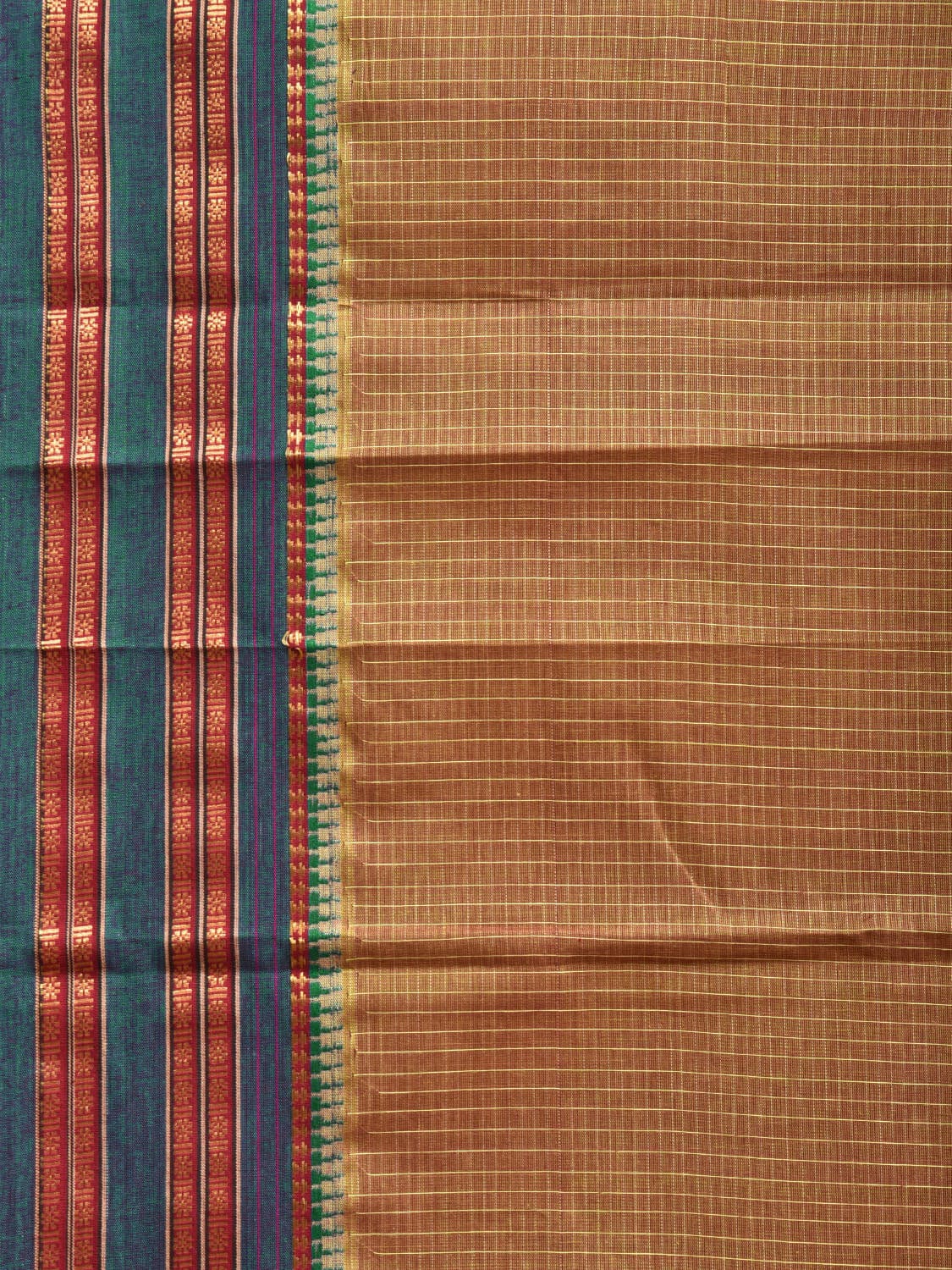 Fawn and Green Narayanpet Cotton Handloom Saree with Checks Design Kalamkari Blouse np1118