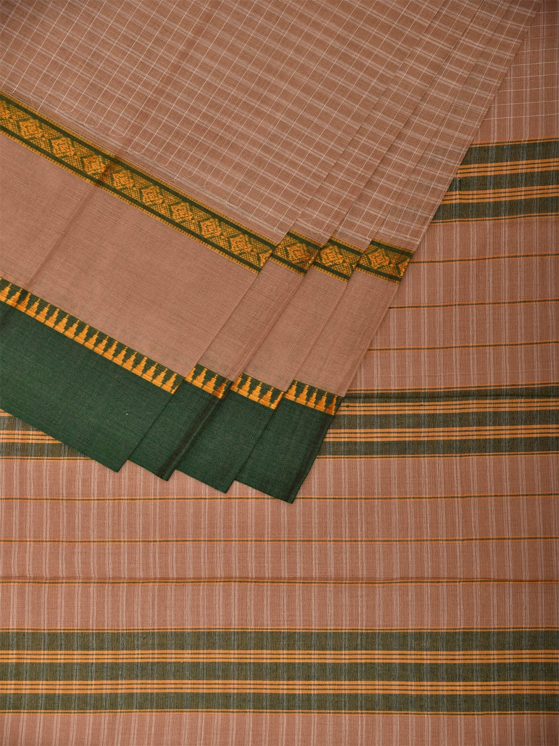 Fawn and Green Narayanpet Cotton Handloom Saree with Checks Design No Blouse np1114