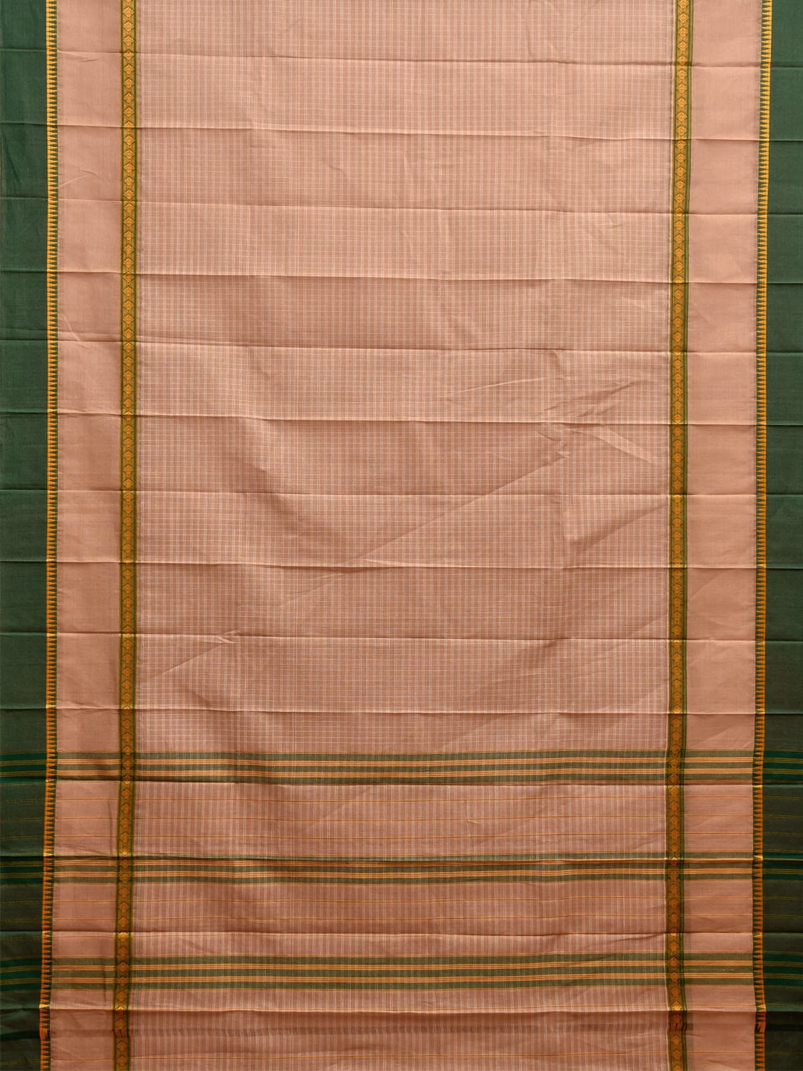 Fawn and Green Narayanpet Cotton Handloom Saree with Checks Design No Blouse np1114