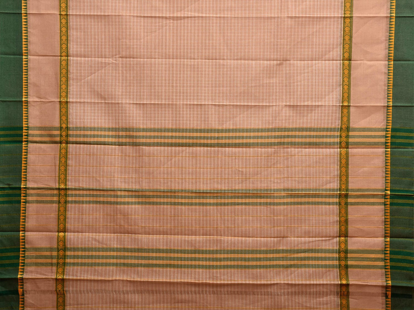 Fawn and Green Narayanpet Cotton Handloom Saree with Checks Design No Blouse np1114