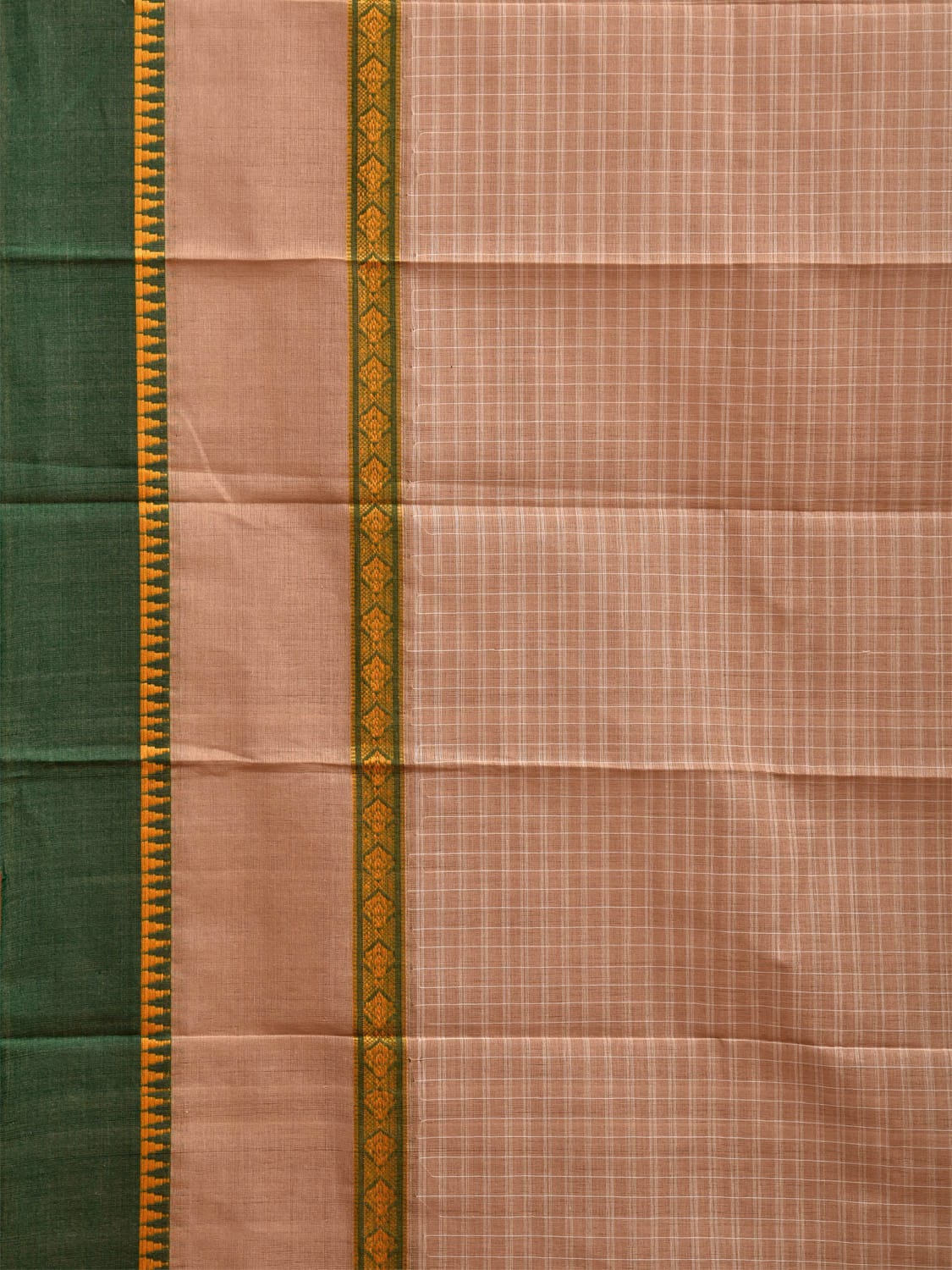 Fawn and Green Narayanpet Cotton Handloom Saree with Checks Design No Blouse np1114