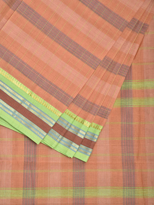 Fawn and Green Narayanpet Cotton Handloom Saree with Strips Design No Blouse np1070