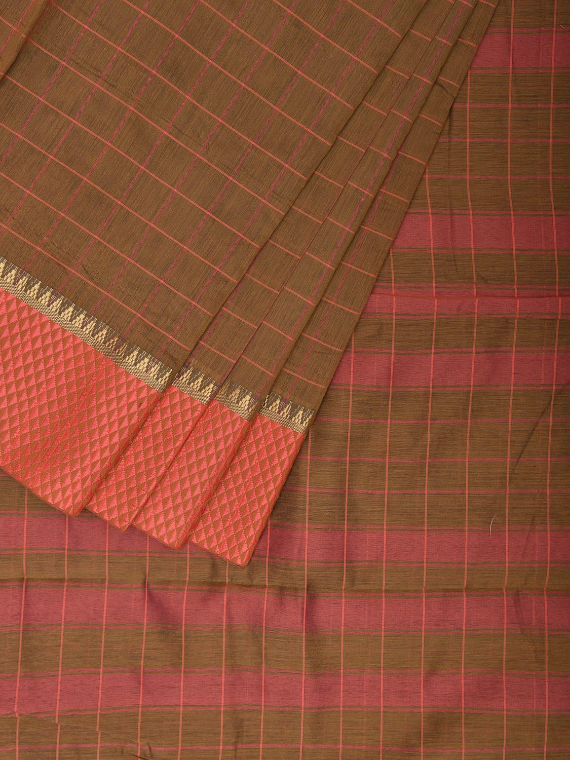 Fawn and Peach Bamboo Cotton Saree with Checks Design No Blouse bc0675