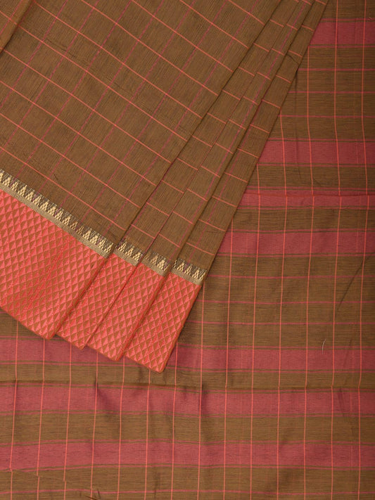 Fawn and Peach Bamboo Cotton Saree with Checks Design No Blouse bc0675