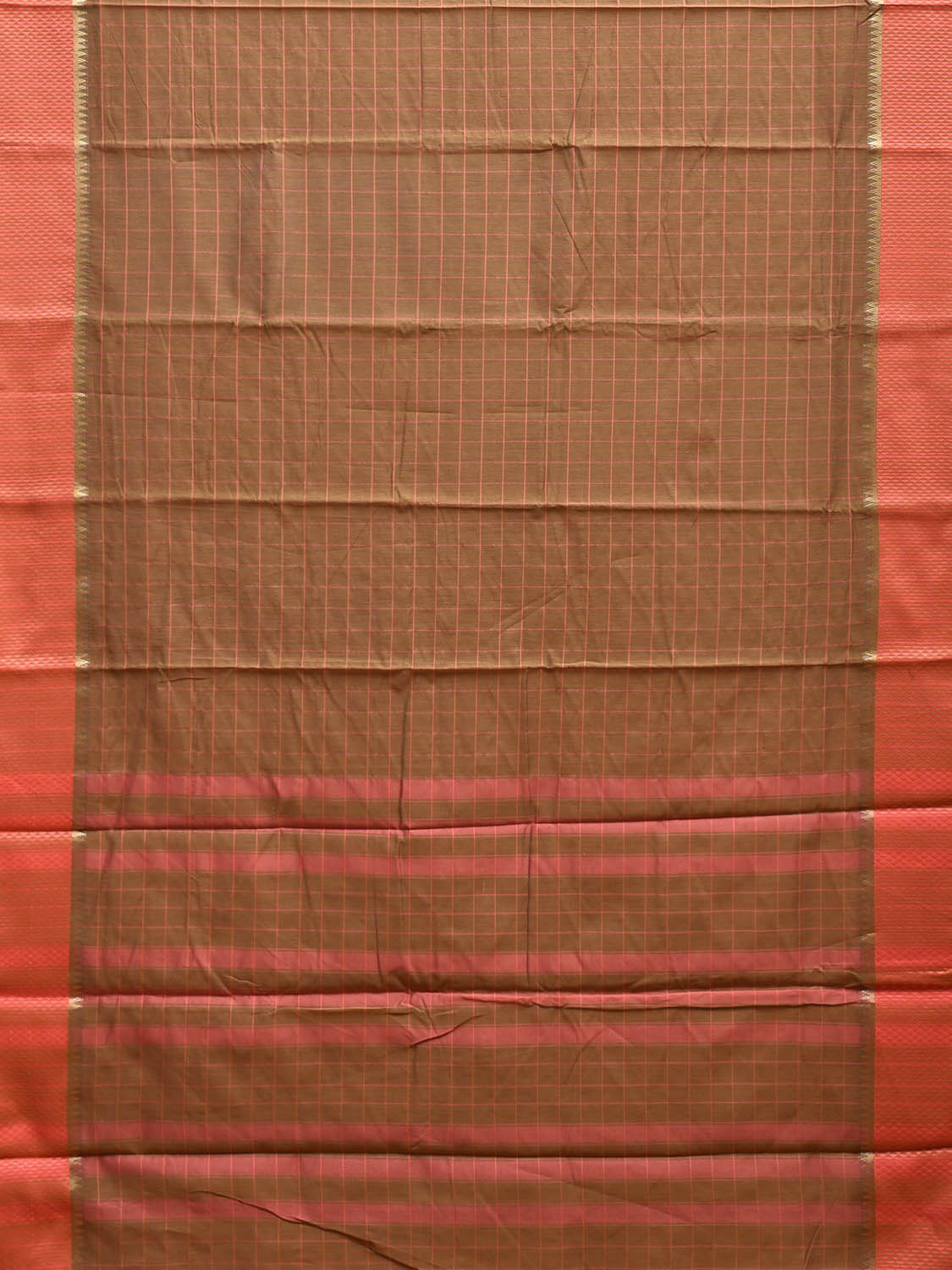 Fawn and Peach Bamboo Cotton Saree with Checks Design No Blouse bc0675