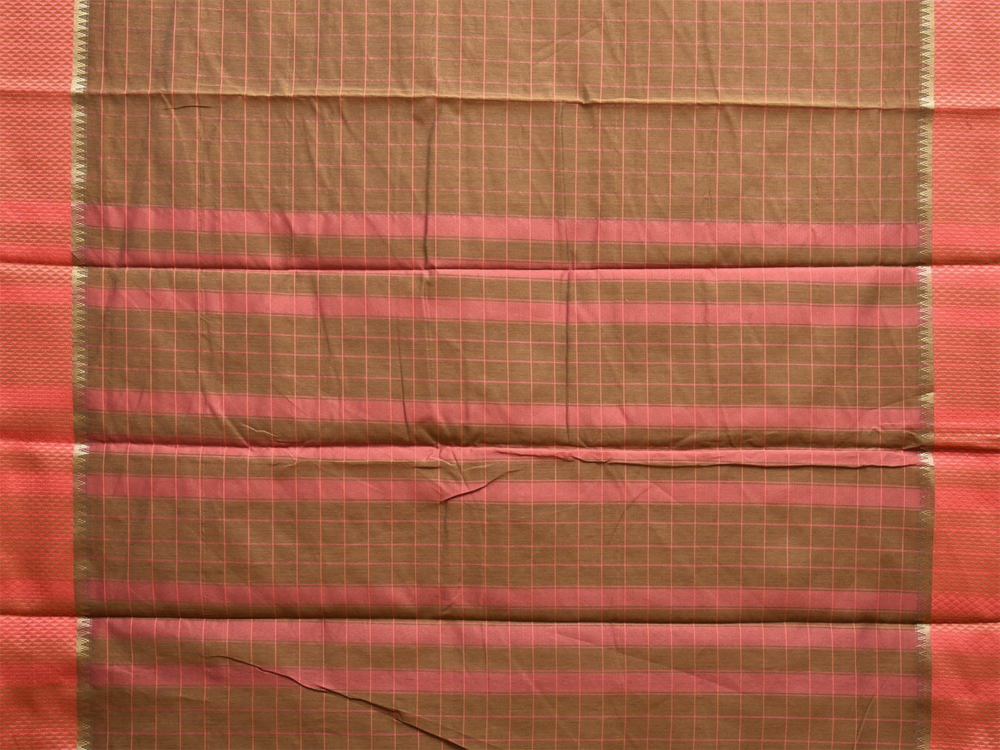 Fawn and Peach Bamboo Cotton Saree with Checks Design No Blouse bc0675
