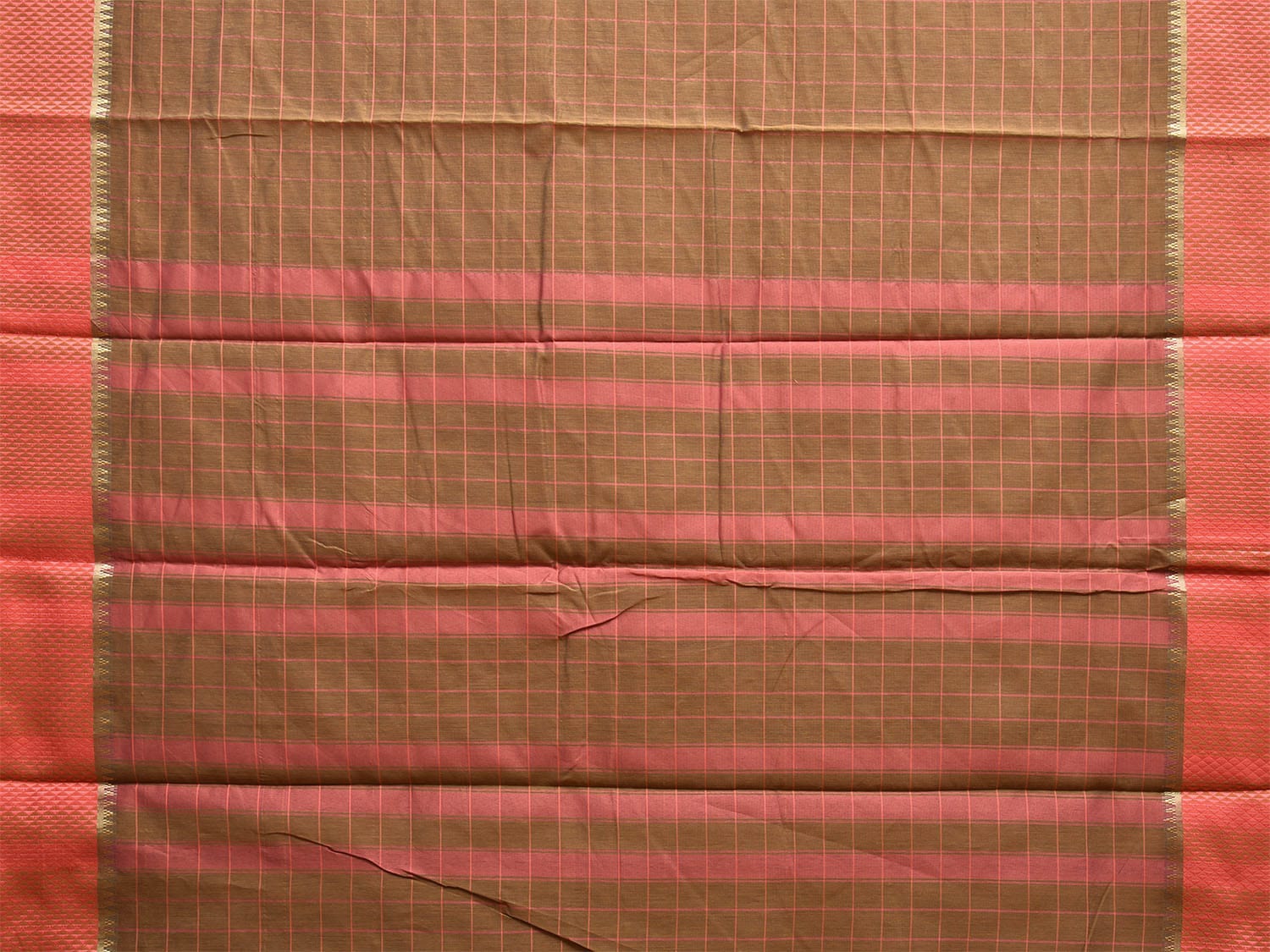 Fawn and Peach Bamboo Cotton Saree with Checks Design No Blouse bc0675