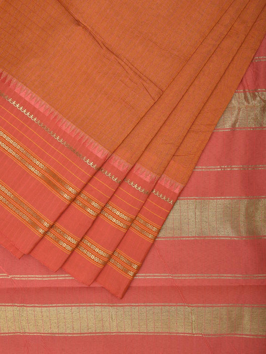 Fawn and Peach Bamboo Cotton Viscose Silk Saree with Checks and Contrast Pallu Design No Blouse bc0577
