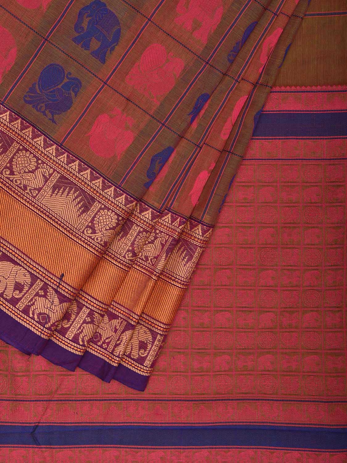 Fawn and Purple Kanchipuram Cotton Saree with Checks Buta and Pallu Design k0793