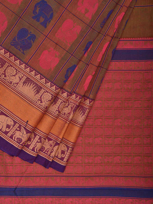Fawn and Purple Kanchipuram Cotton Saree with Checks Buta and Pallu Design k0793