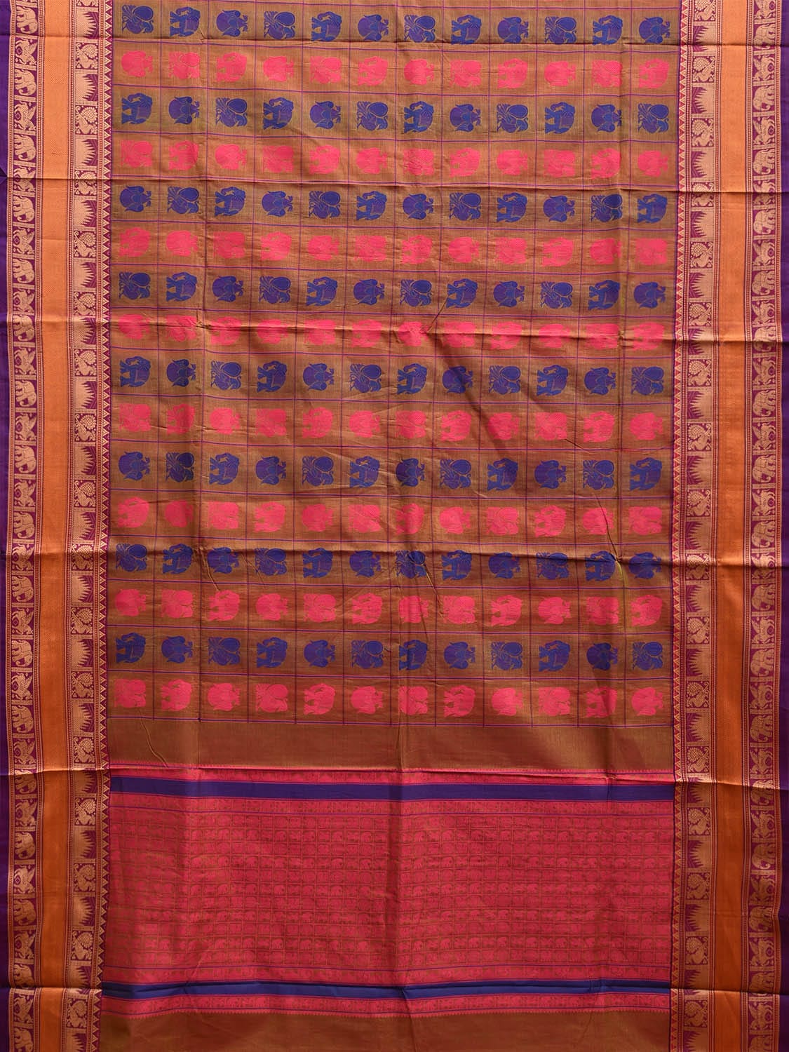 Fawn and Purple Kanchipuram Cotton Saree with Checks Buta and Pallu Design k0793