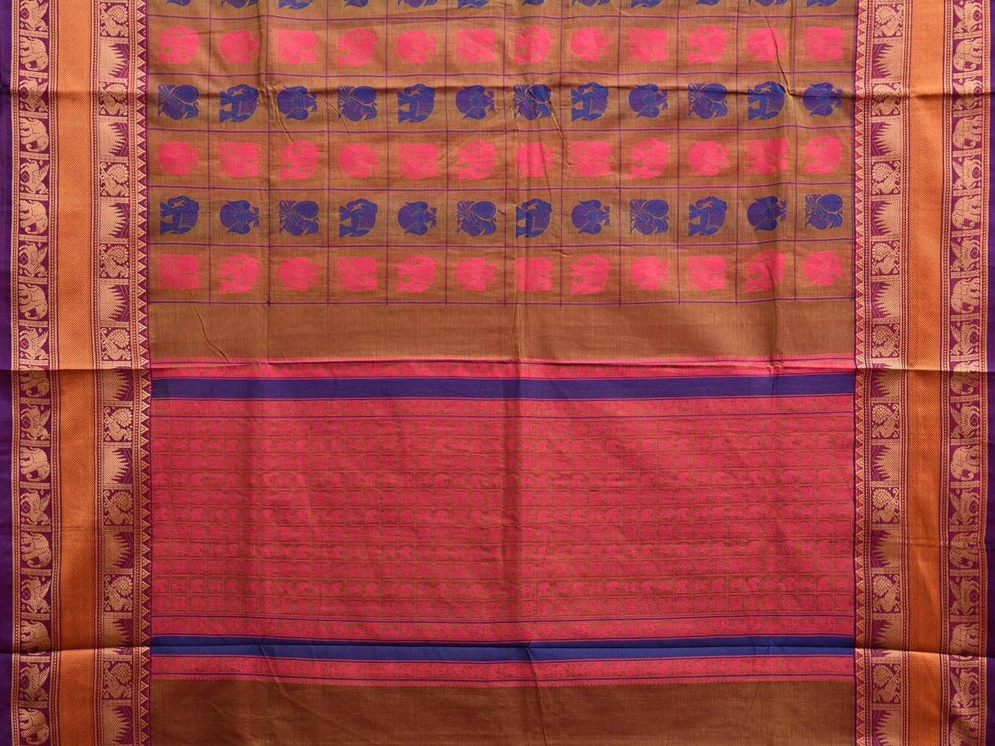 Fawn and Purple Kanchipuram Cotton Saree with Checks Buta and Pallu Design k0793
