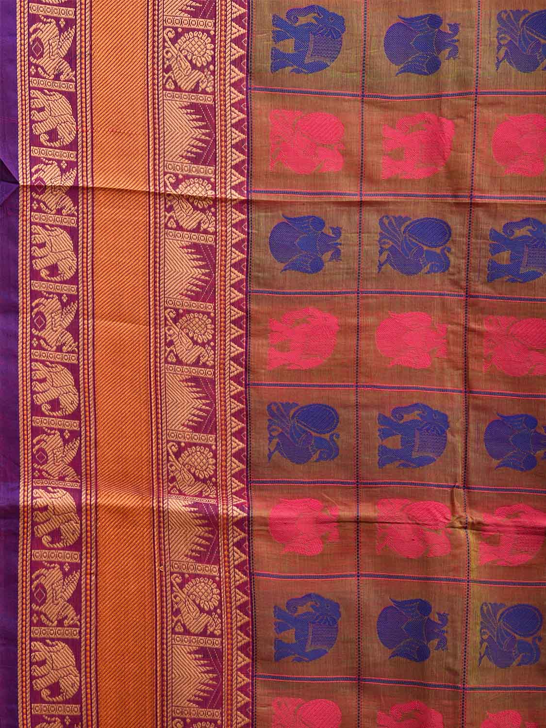 Fawn and Purple Kanchipuram Cotton Saree with Checks Buta and Pallu Design k0793