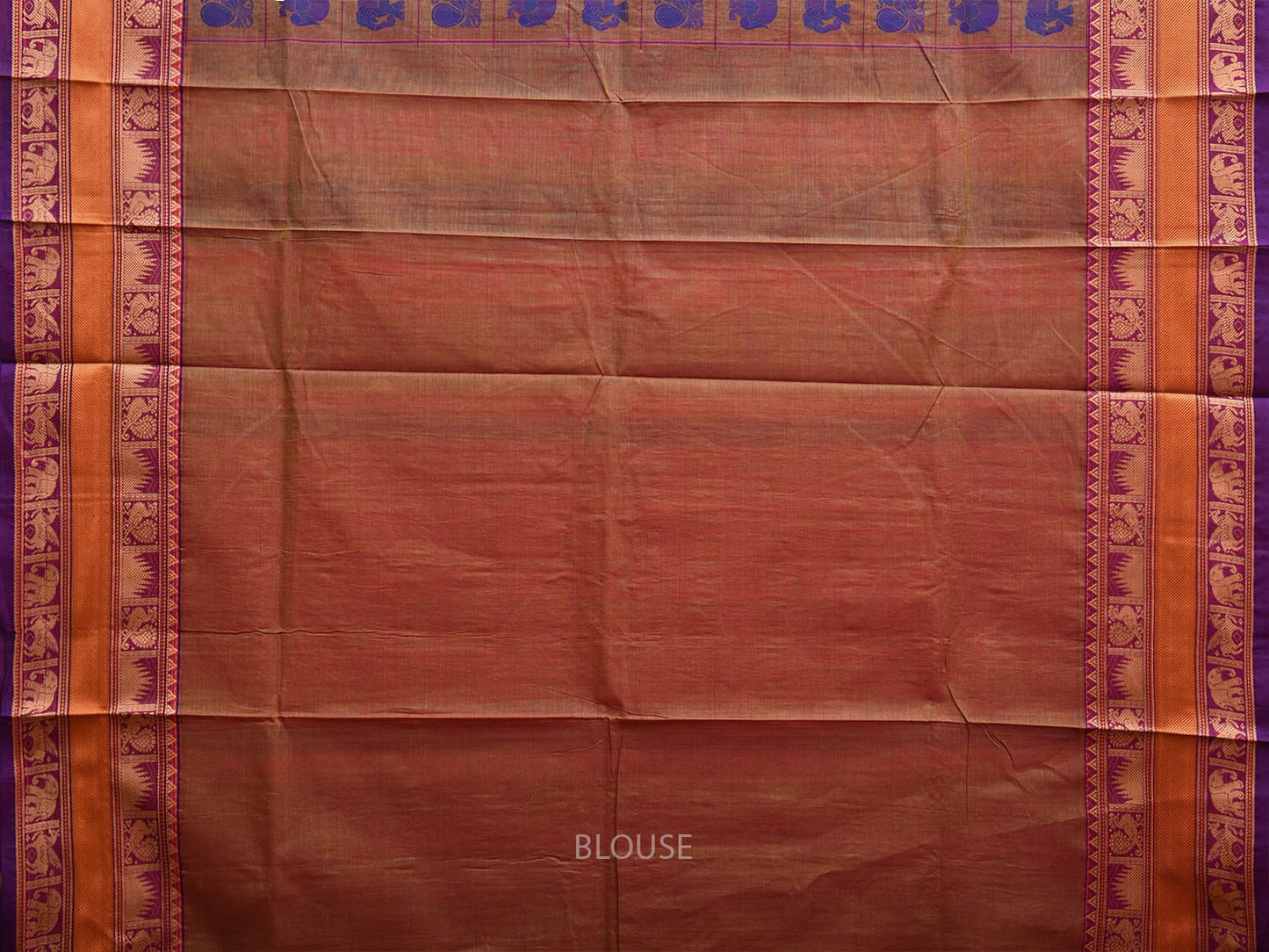 Fawn and Purple Kanchipuram Cotton Saree with Checks Buta and Pallu Design k0793