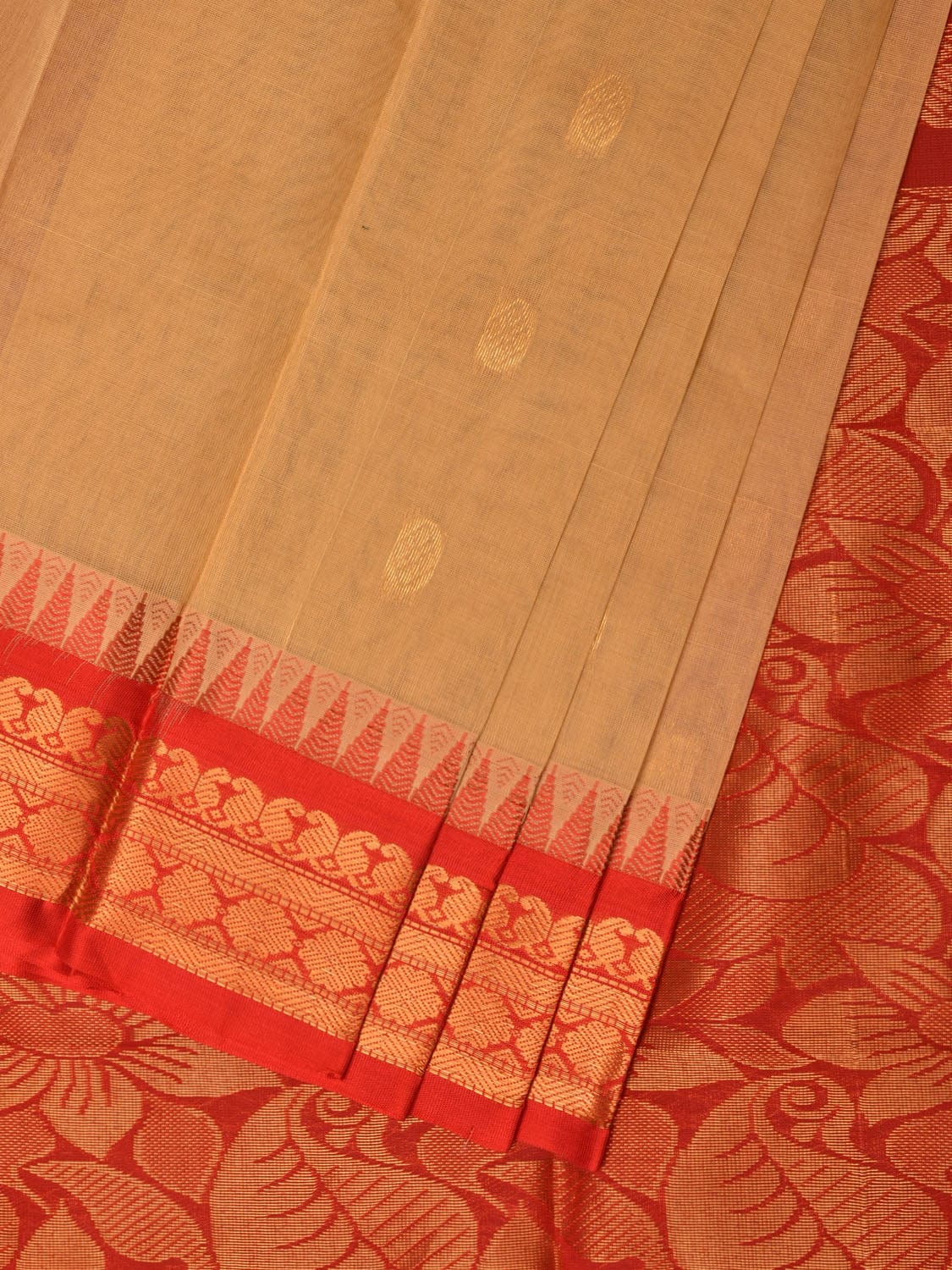 Fawn and Red Gadwal Cotton Plain Saree with Body Buta and Pallu Design No Blouse g0357
