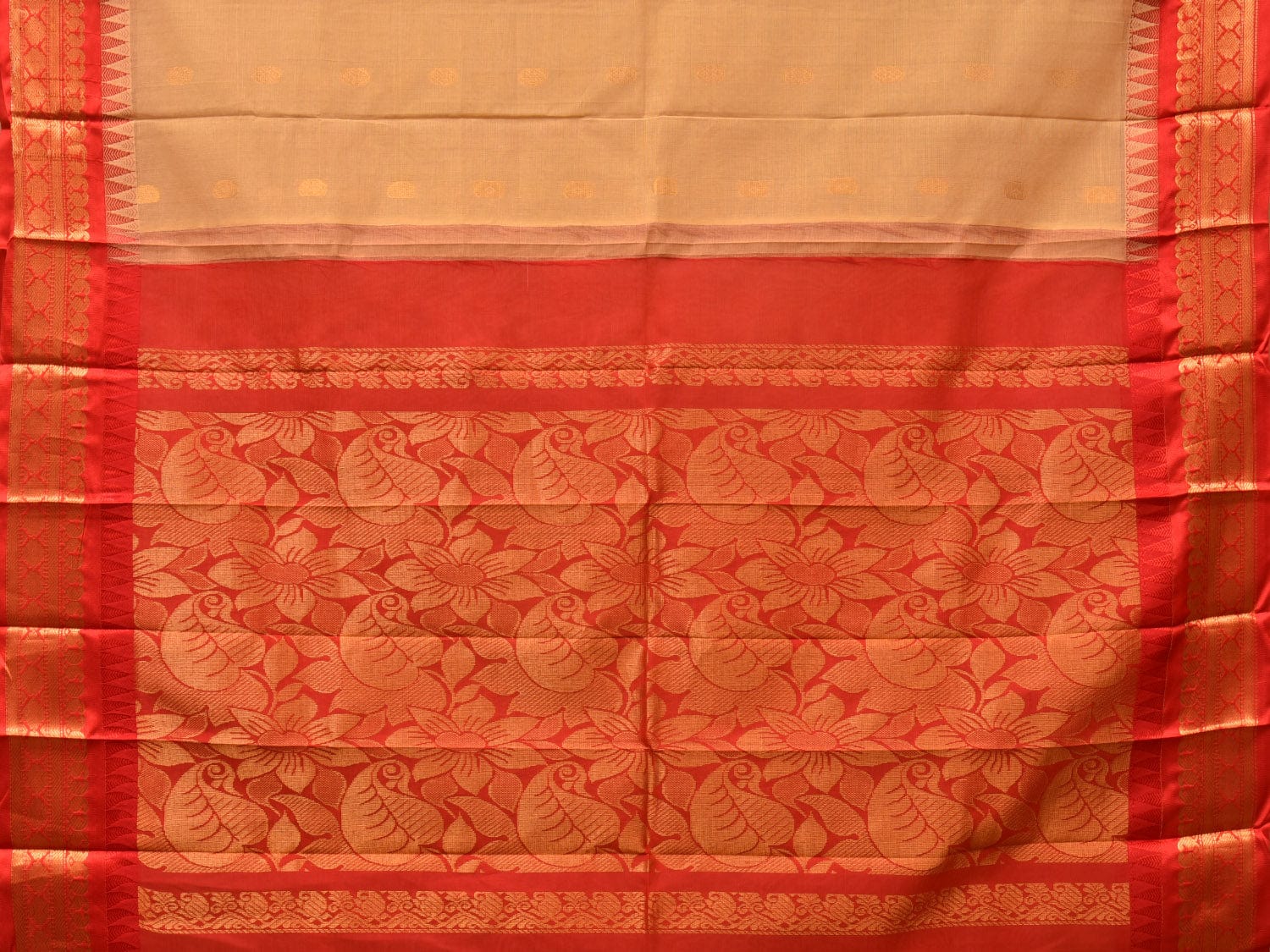 Fawn and Red Gadwal Cotton Plain Saree with Body Buta and Pallu Design No Blouse g0357