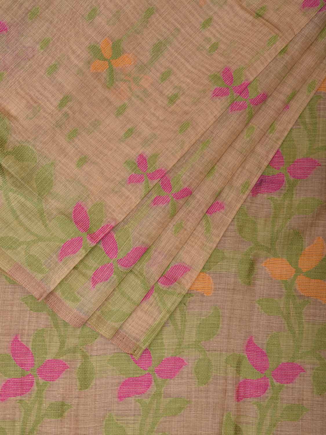 Fawn Dhakai Jamdani Cotton Viscose Saree with Floral Pallu and Body Design dj0089