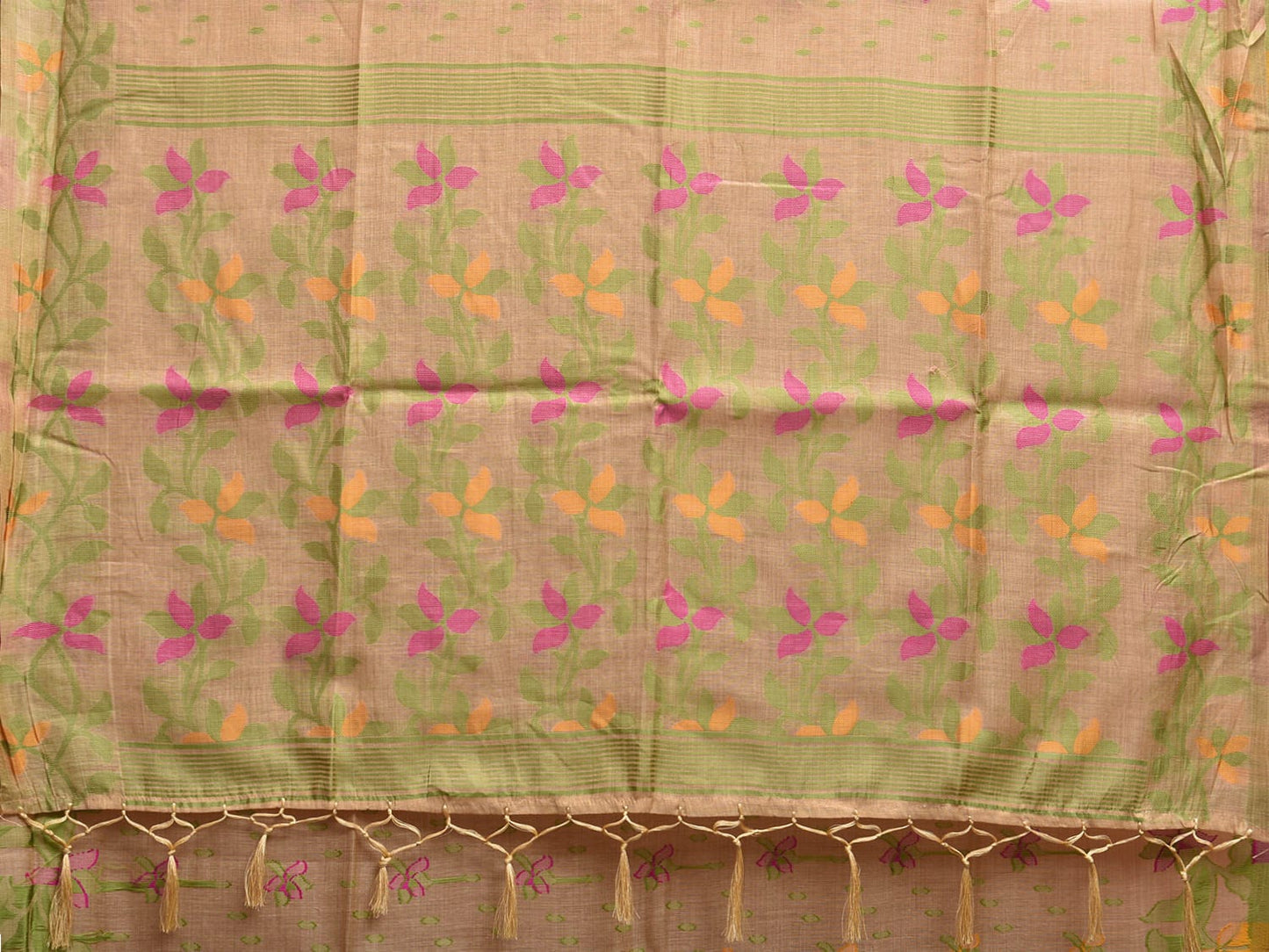 Fawn Dhakai Jamdani Cotton Viscose Saree with Floral Pallu and Body Design dj0089