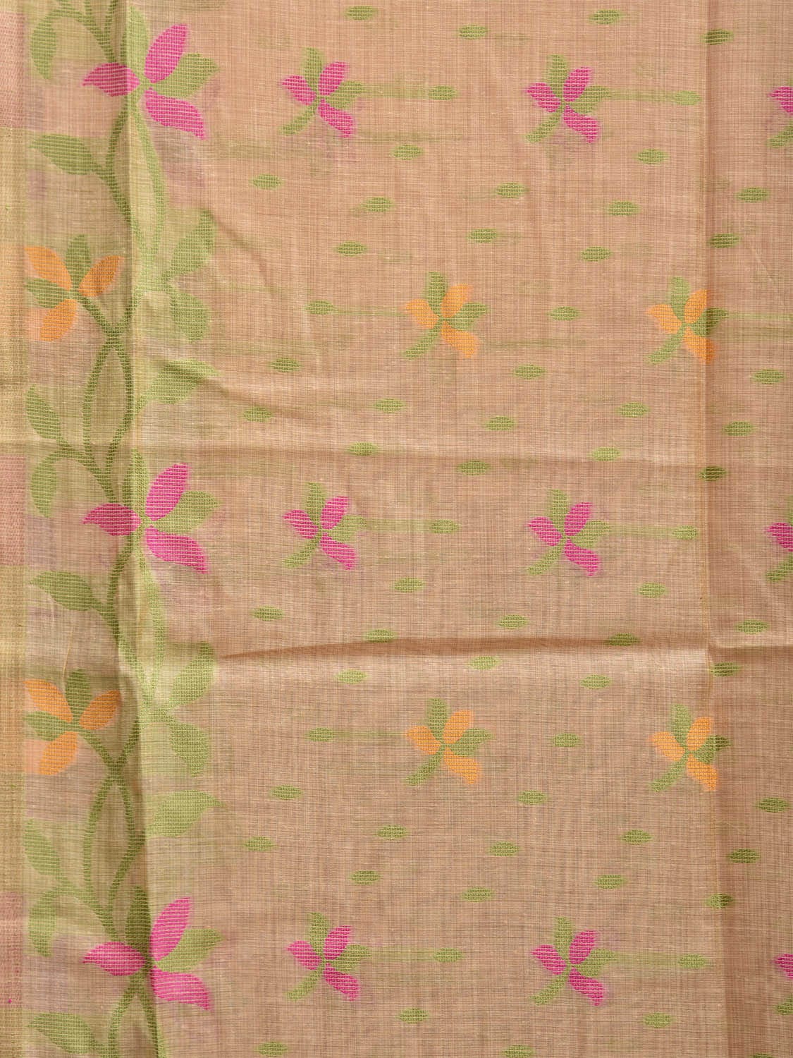 Fawn Dhakai Jamdani Cotton Viscose Saree with Floral Pallu and Body Design dj0089