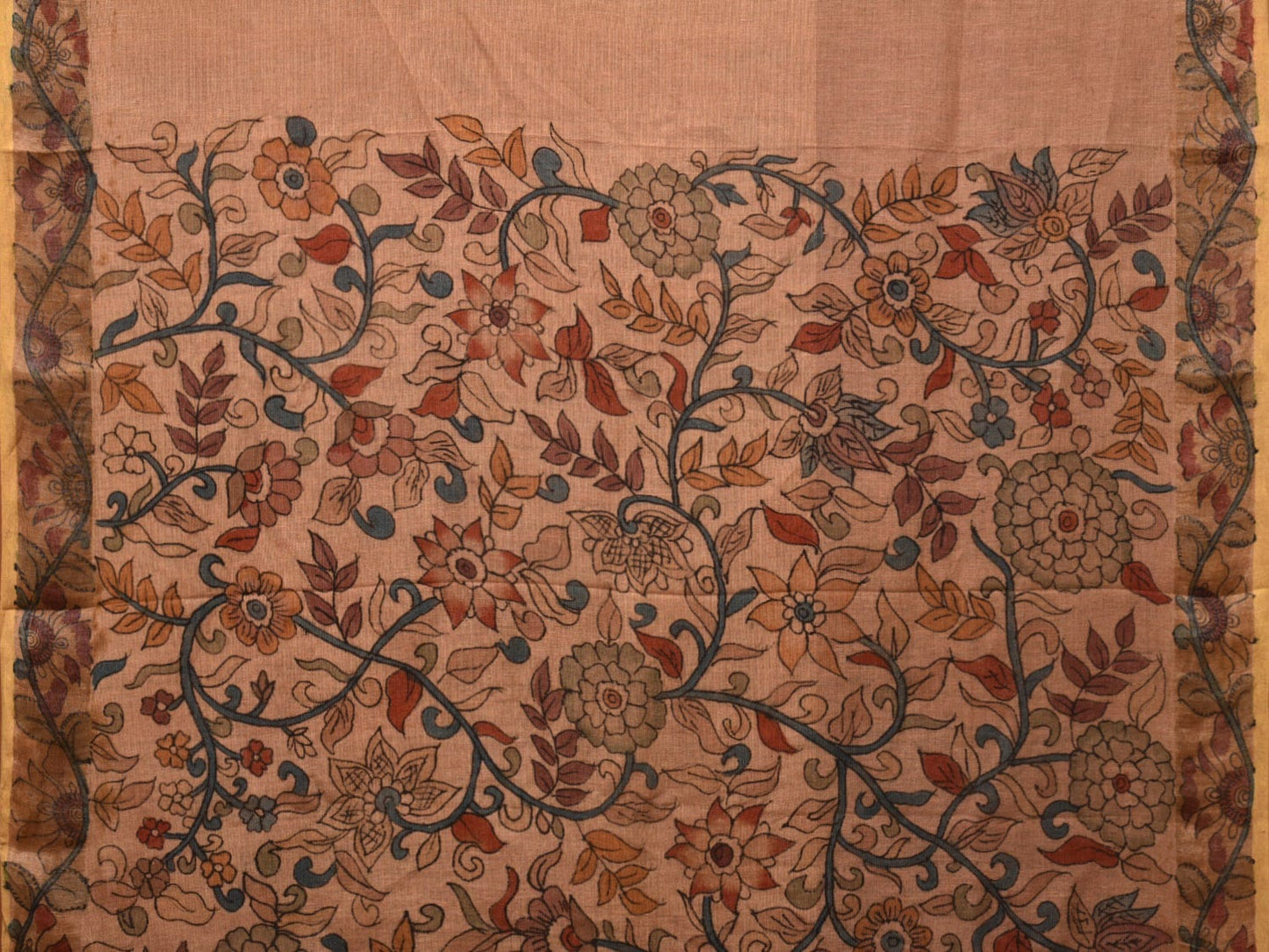 Fawn Kalamkari Hand Painted Cotton Linen Handloom Saree with Floral Design KL0756