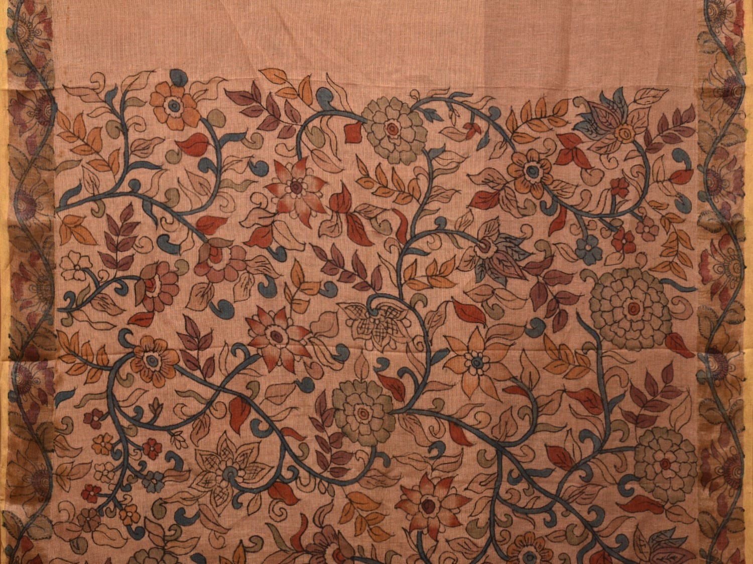 Fawn Kalamkari Hand Painted Cotton Linen Handloom Saree with Floral Design KL0756