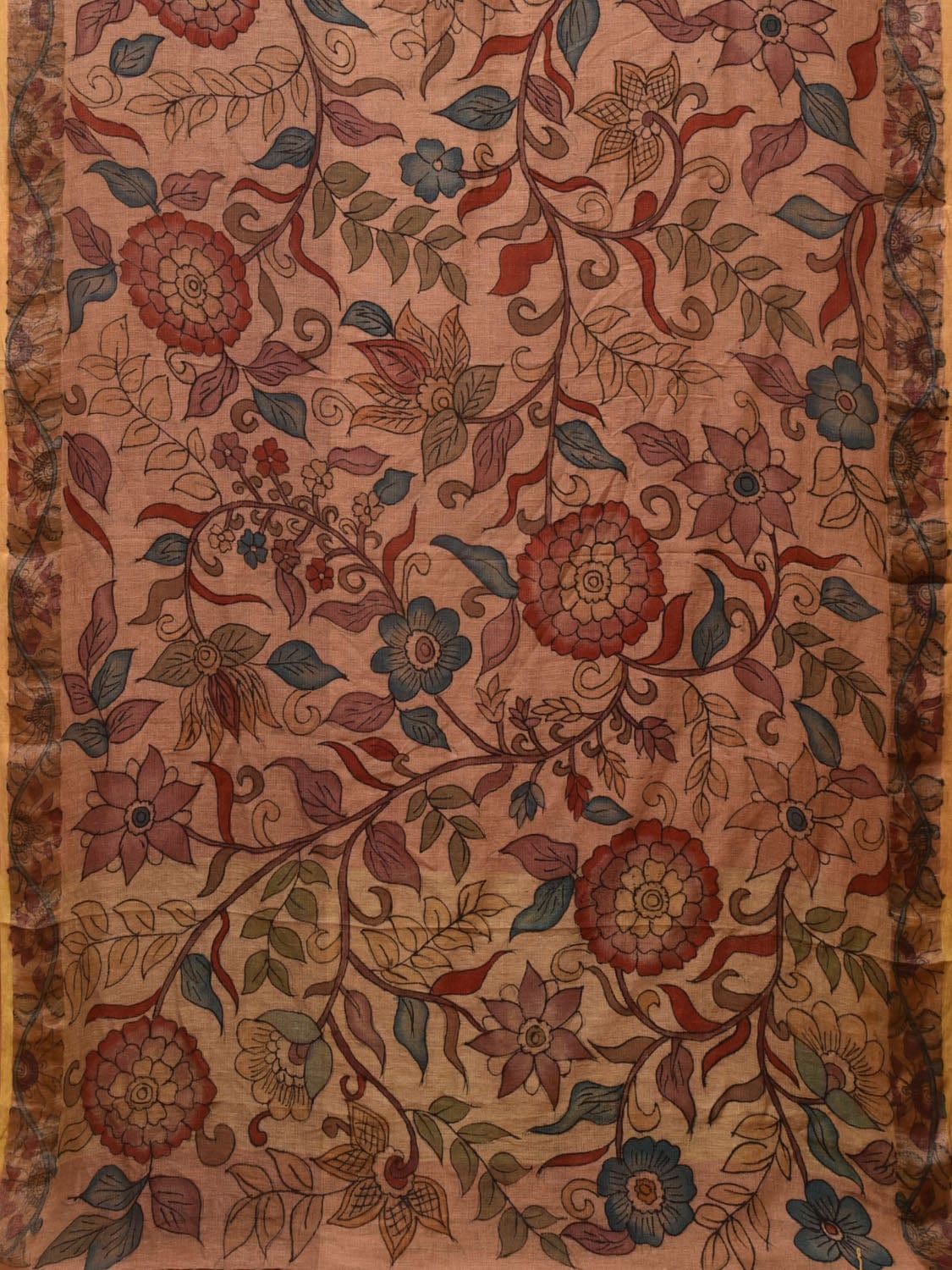 Fawn Kalamkari Hand Painted Cotton Linen Handloom Saree with Floral Design KL0756