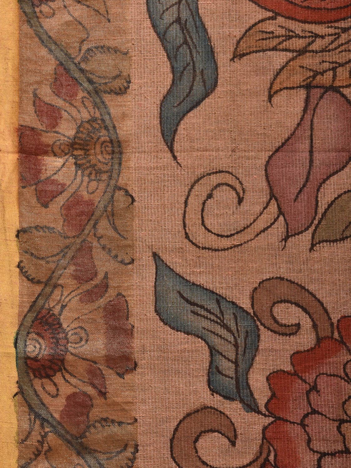 Fawn Kalamkari Hand Painted Cotton Linen Handloom Saree with Floral Design KL0756