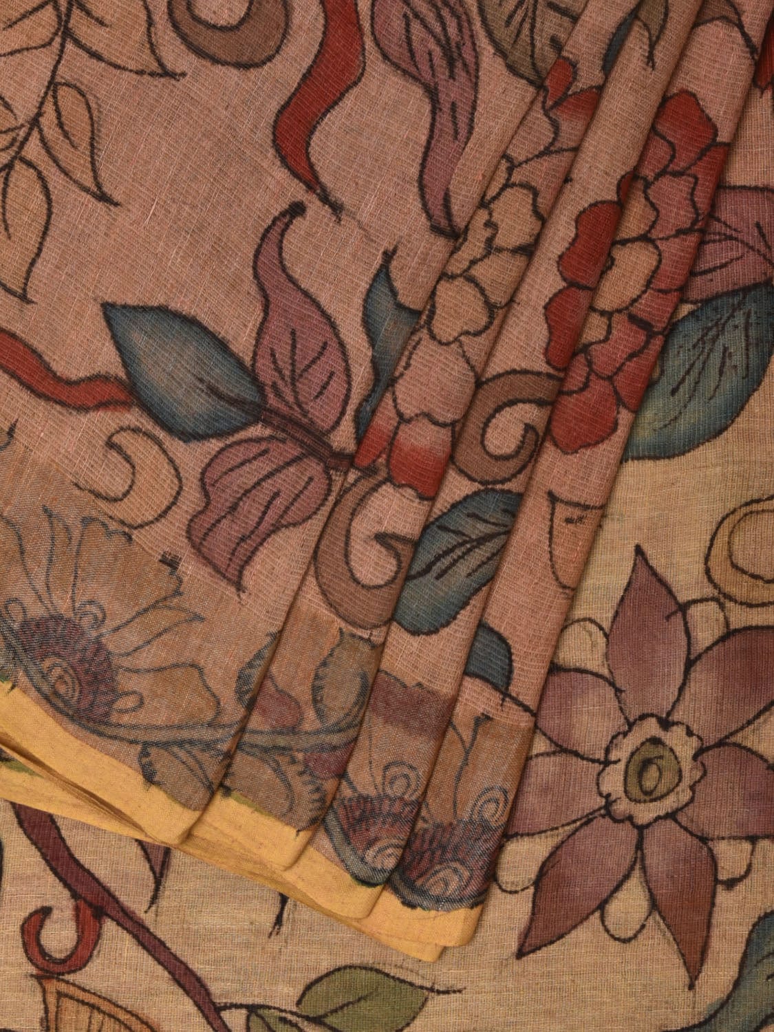 Fawn Kalamkari Hand Painted Cotton Linen Handloom Saree with Floral Design KL0756