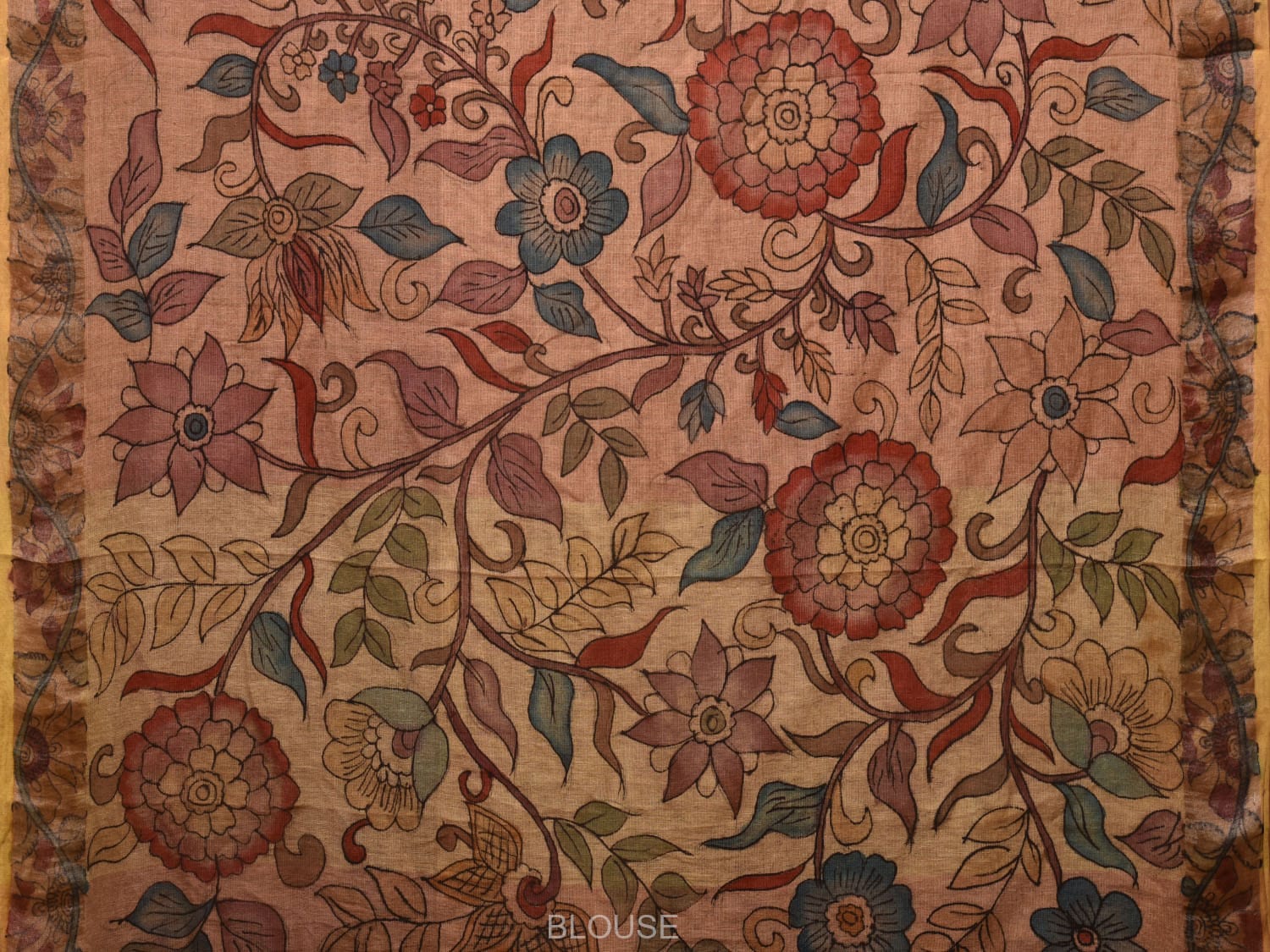 Fawn Kalamkari Hand Painted Cotton Linen Handloom Saree with Floral Design KL0756