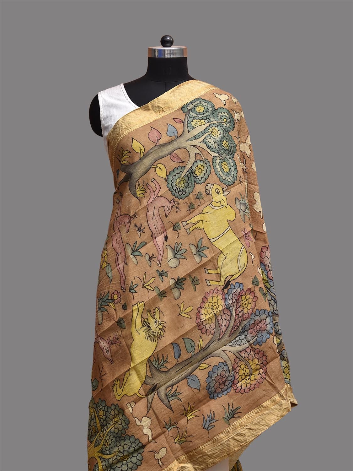 Fawn Kalamkari Hand Painted Mangalgiri Sico Dupatta with Animals Design ds3769