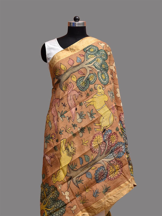 Fawn Kalamkari Hand Painted Mangalgiri Sico Dupatta with Animals Design ds3769
