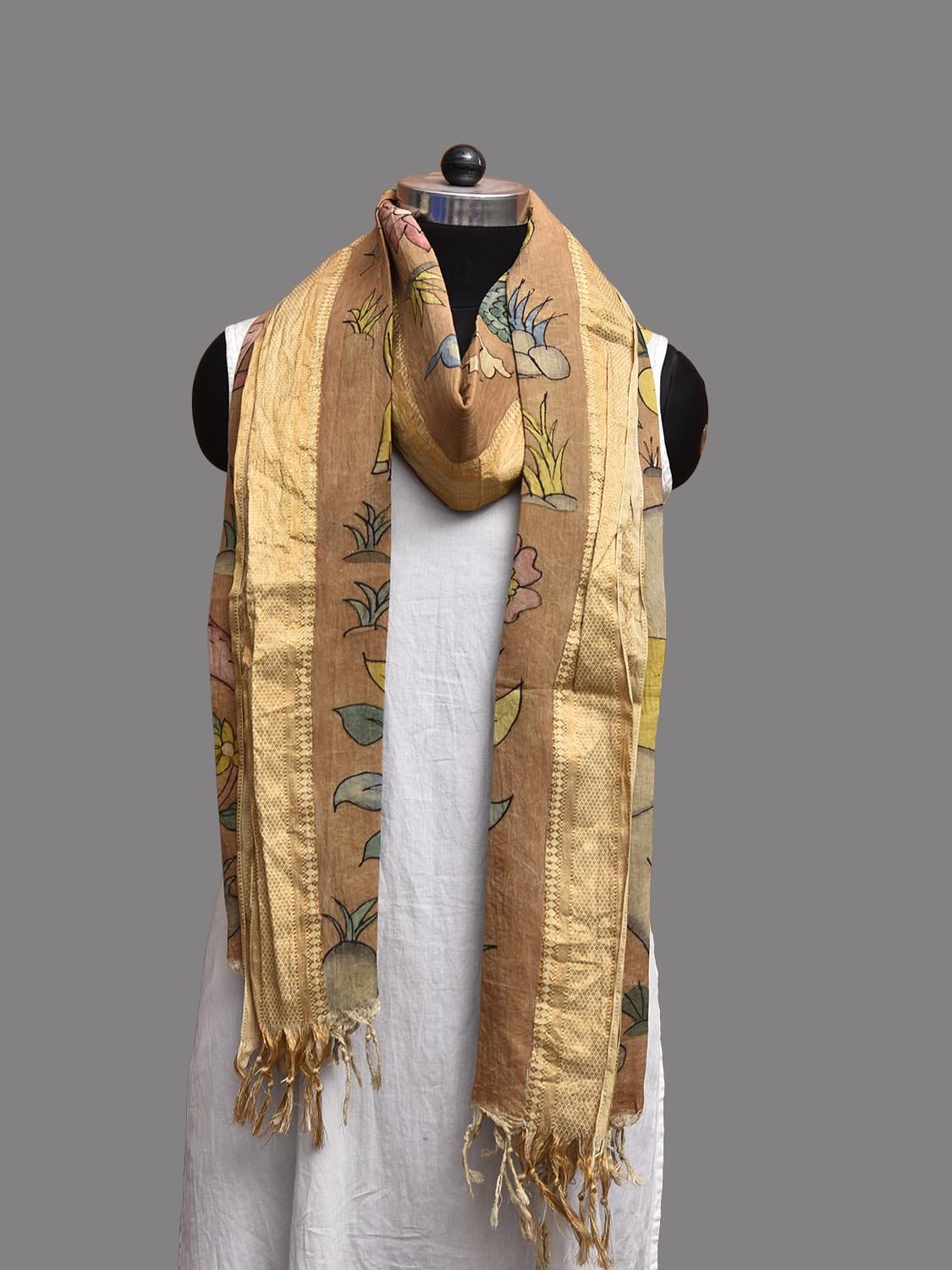 Fawn Kalamkari Hand Painted Mangalgiri Sico Dupatta with Animals Design ds3769