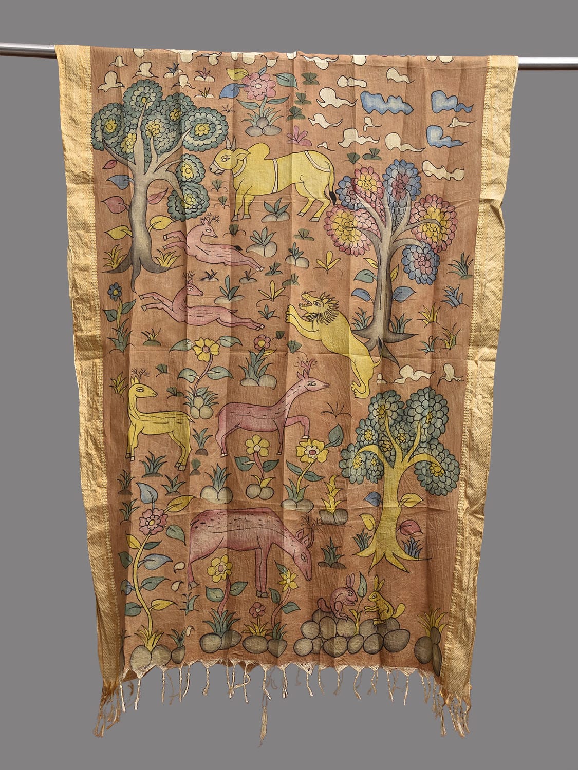 Fawn Kalamkari Hand Painted Mangalgiri Sico Dupatta with Animals Design ds3769