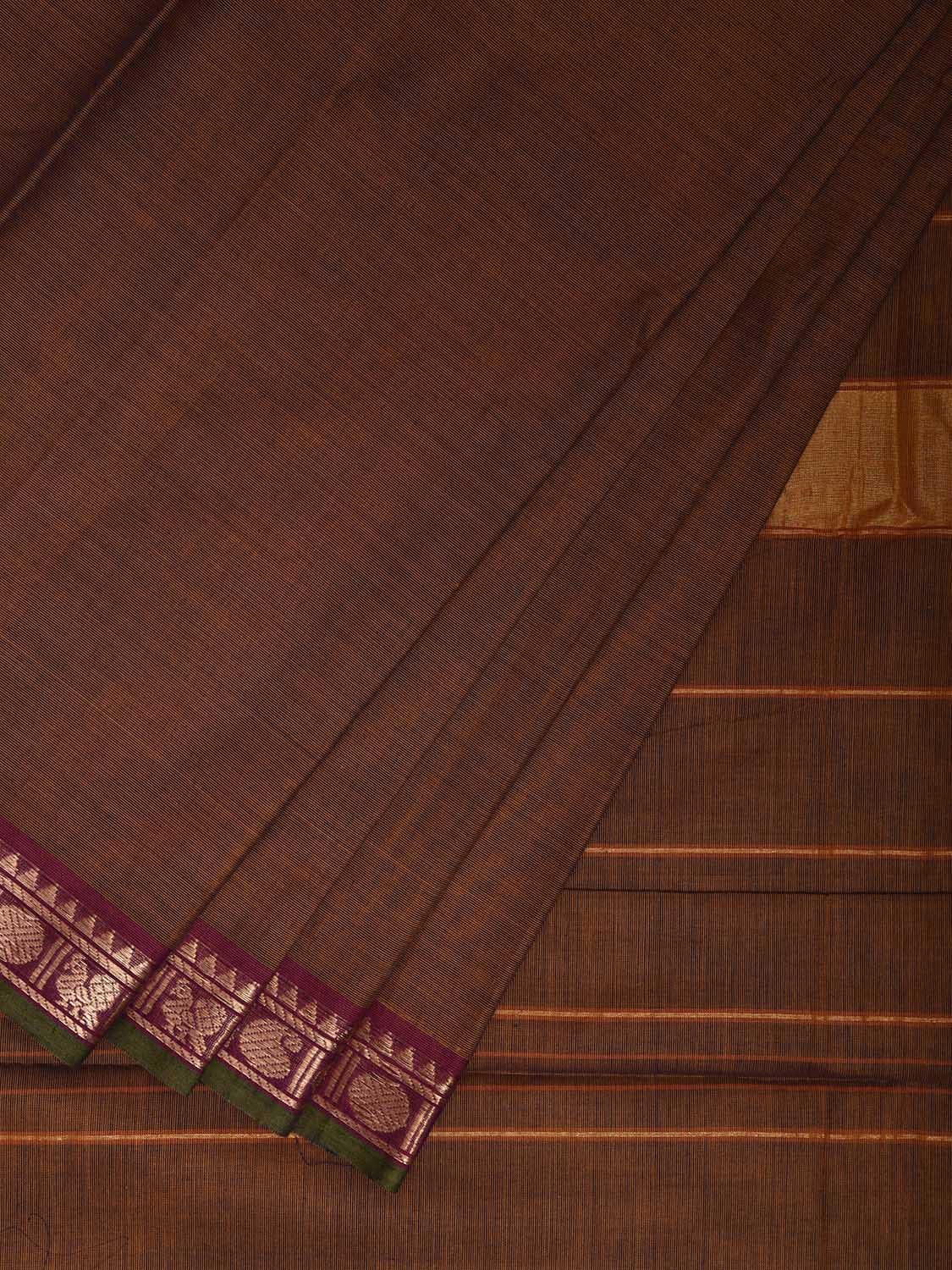 Fawn Kanchipuram Cotton Plain Saree with Strips and Small Border Design k0861