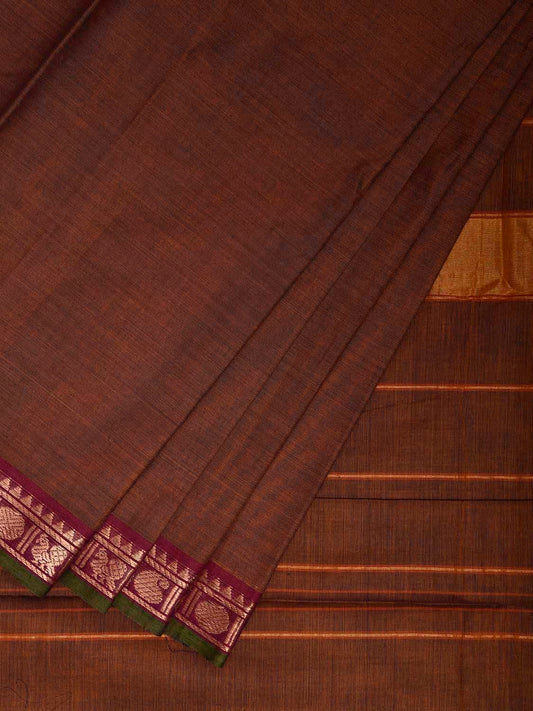 Fawn Kanchipuram Cotton Plain Saree with Strips and Small Border Design k0861