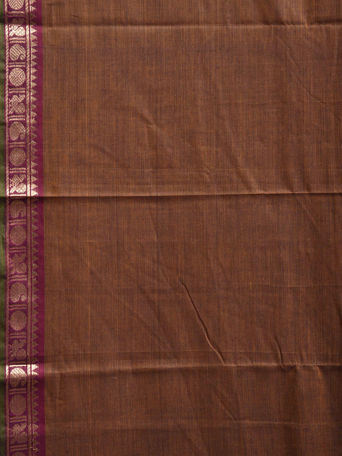 Fawn Kanchipuram Cotton Plain Saree with Strips and Small Border Design k0861