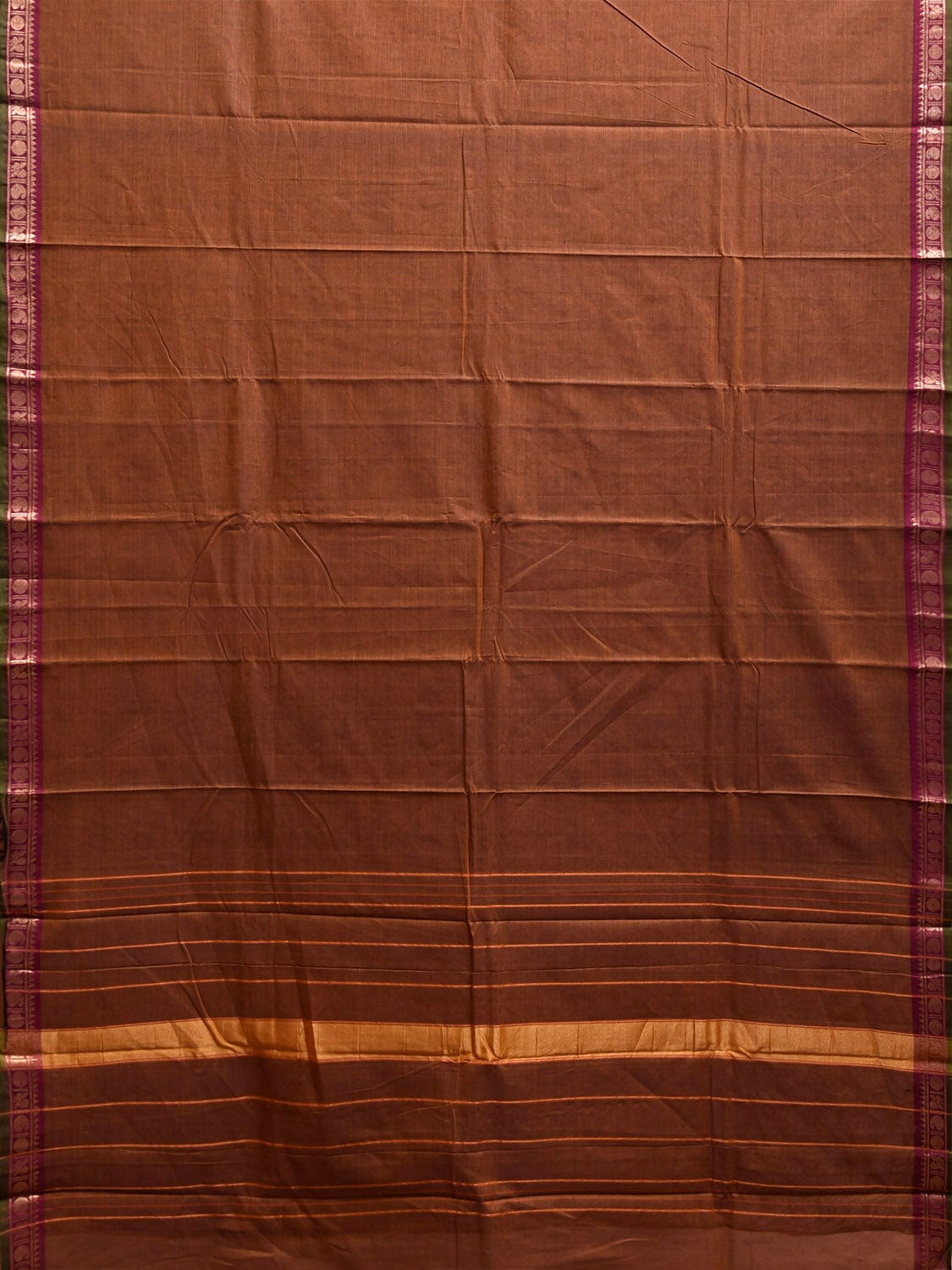 Fawn Kanchipuram Cotton Plain Saree with Strips and Small Border Design k0861
