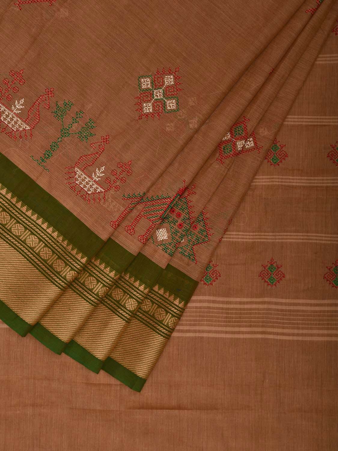 Fawn Kanchipuram Cotton Saree with Kasuti Work and Ganga-Jamuna Border Design No Blouse o0665