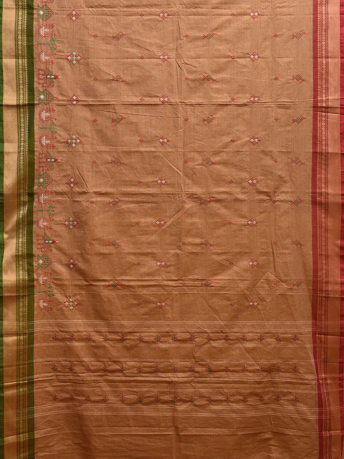 Fawn Kanchipuram Cotton Saree with Kasuti Work and Ganga-Jamuna Border Design No Blouse o0665