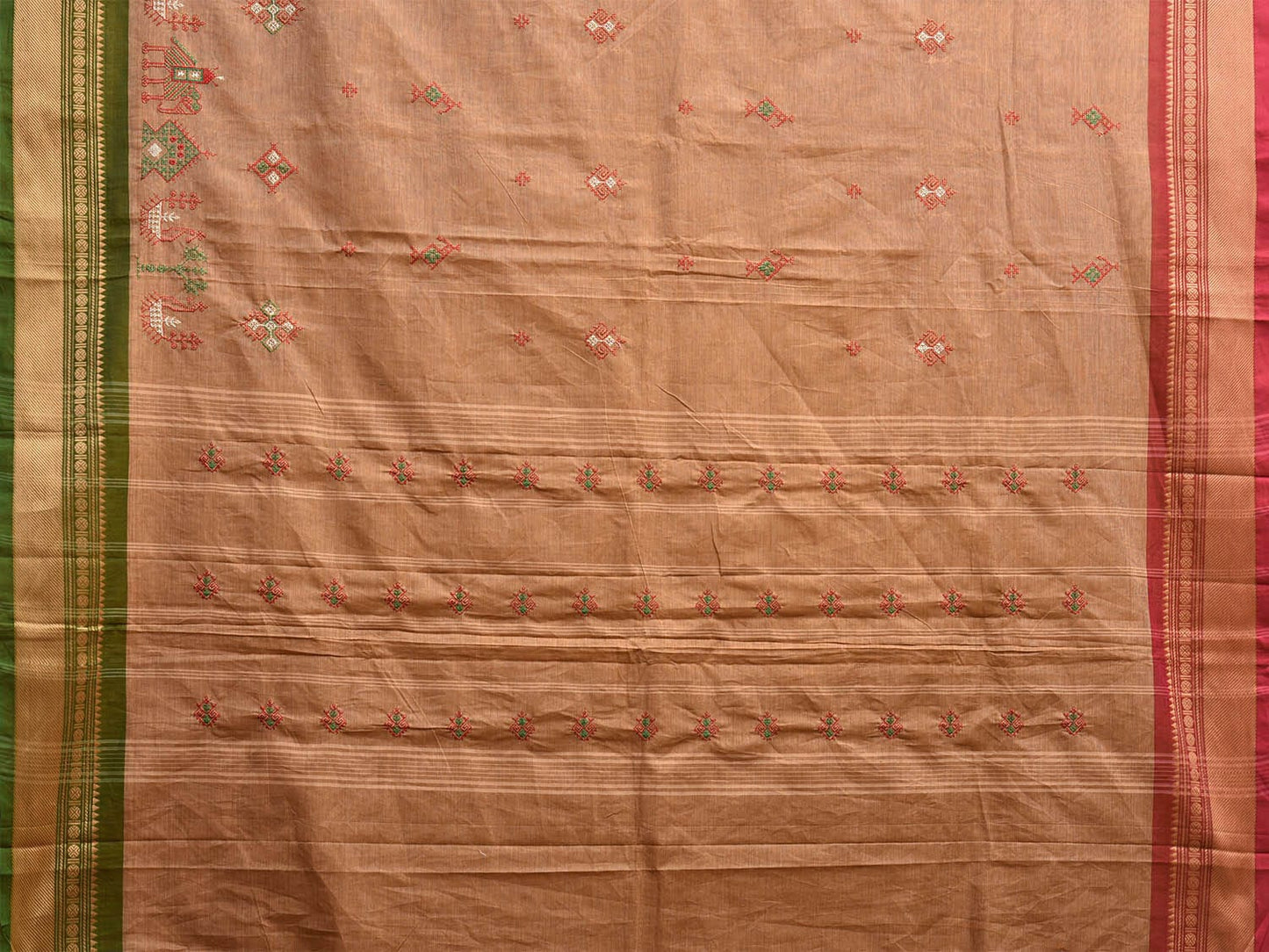 Fawn Kanchipuram Cotton Saree with Kasuti Work and Ganga-Jamuna Border Design No Blouse o0665