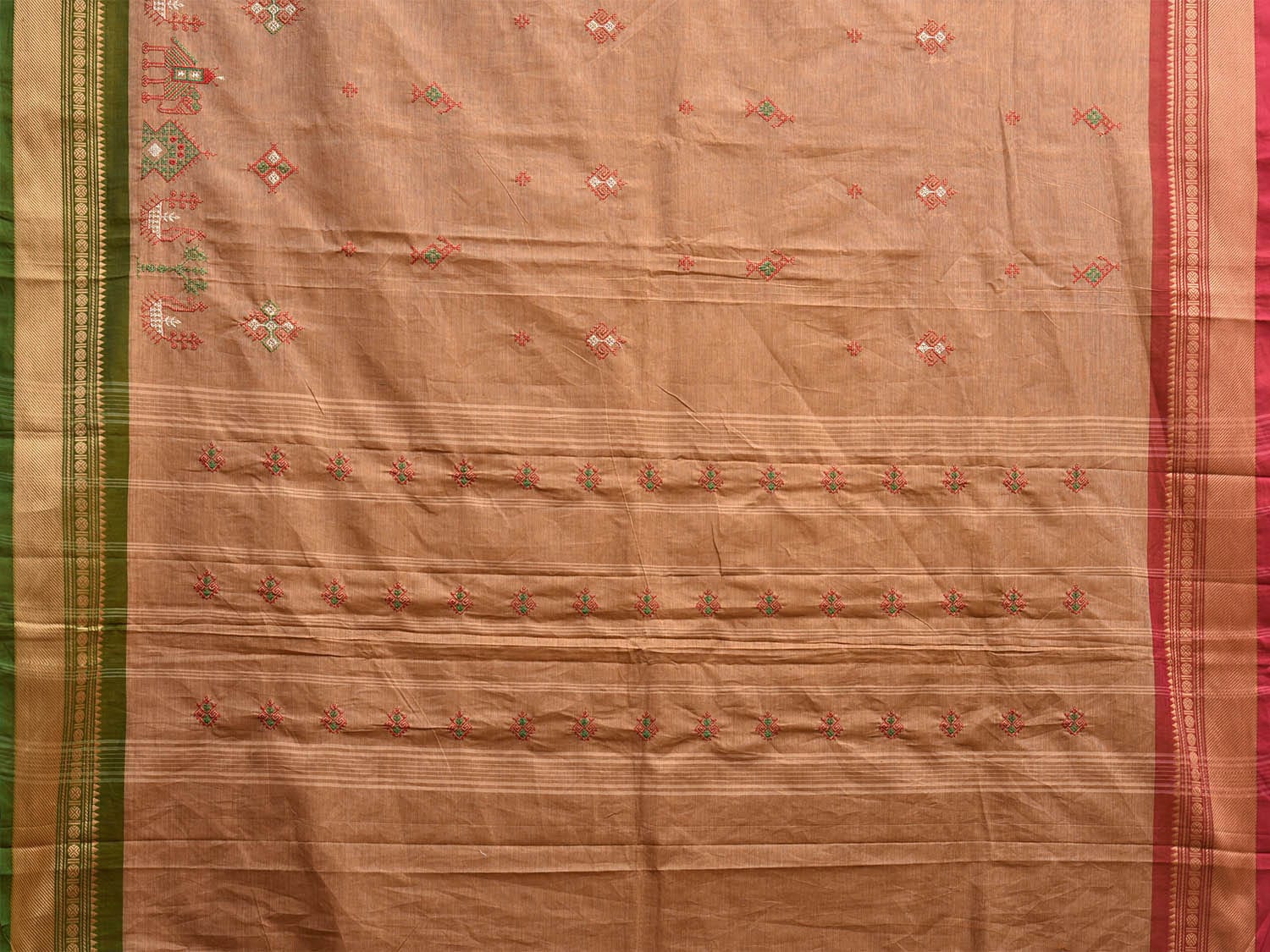 Fawn Kanchipuram Cotton Saree with Kasuti Work and Ganga-Jamuna Border Design No Blouse o0665