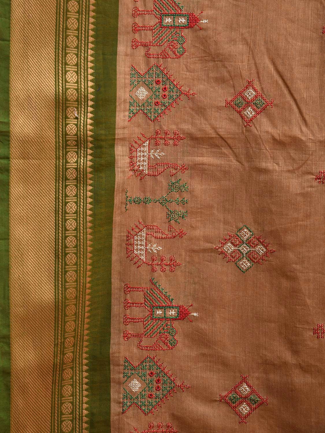 Fawn Kanchipuram Cotton Saree with Kasuti Work and Ganga-Jamuna Border Design No Blouse o0665