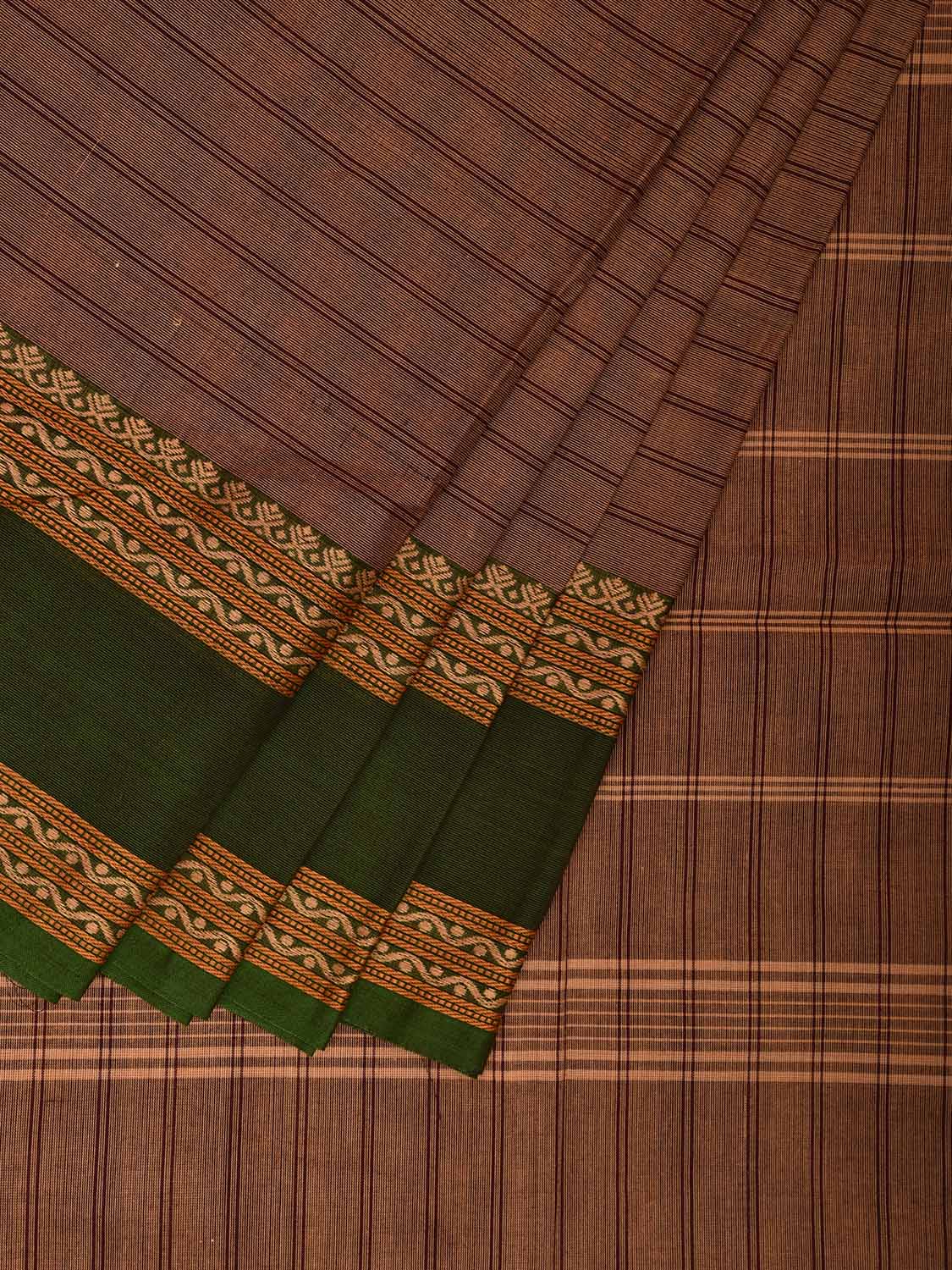 Fawn Kanchipuram Cotton Saree with Strips and Ganga-Jamuna Border Design k0781
